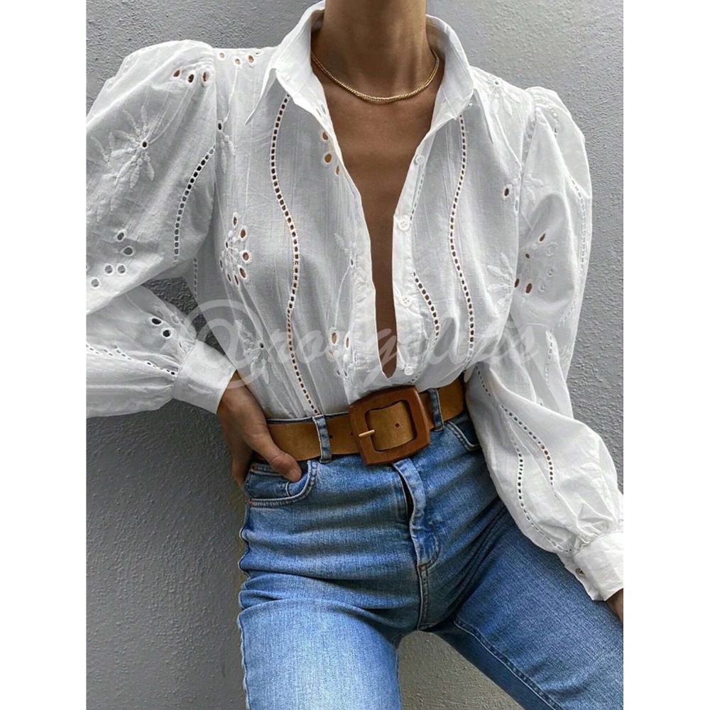 White Boho Eyelet Shirt, French Style Collar Button Front, Eyelet Embroidery - Picture 2 of 14